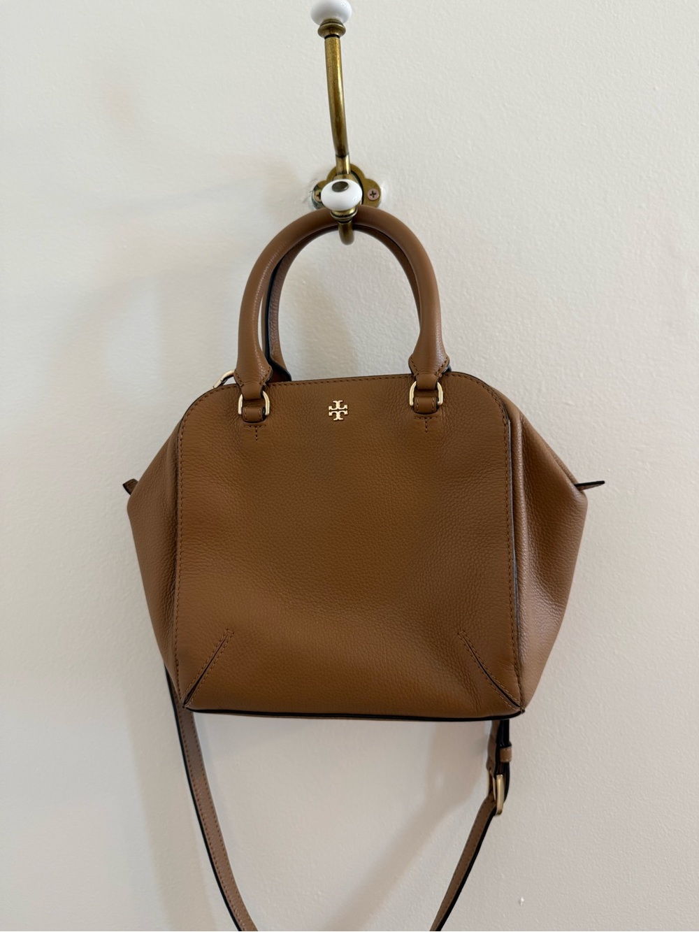 Tory Burch Cognac Pebbled Leather Satchel with Gold Logo